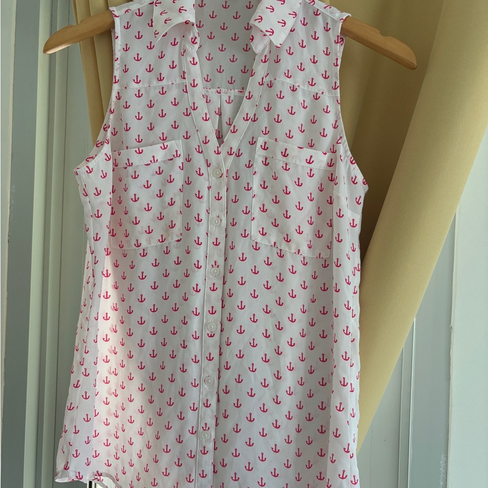 Express Sleeveless Anchor Print Button Down Blouse - Pink and White Size XS